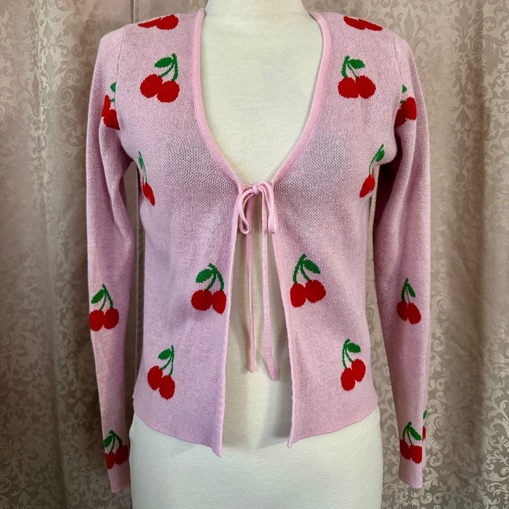 Cherry Patterned Pink Cardigan Sweater